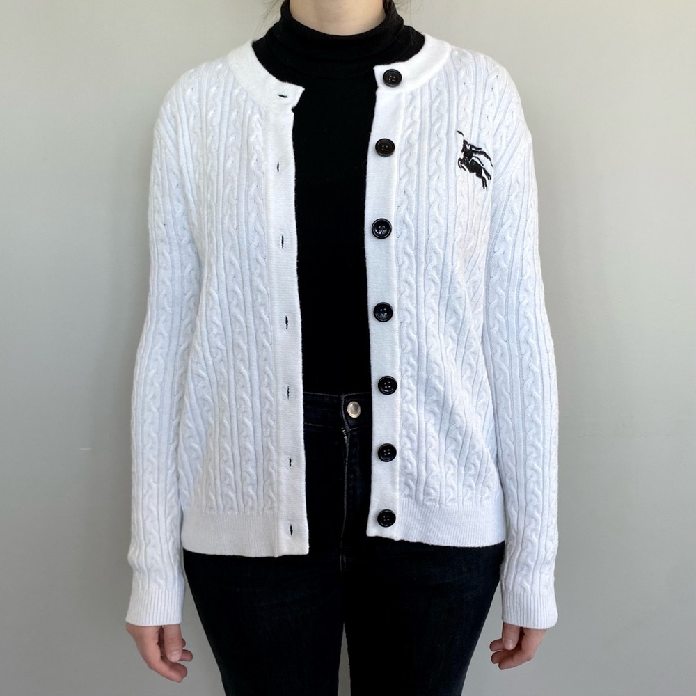 Burberry London logo cable knit button-down cardigan sweater. 🤍